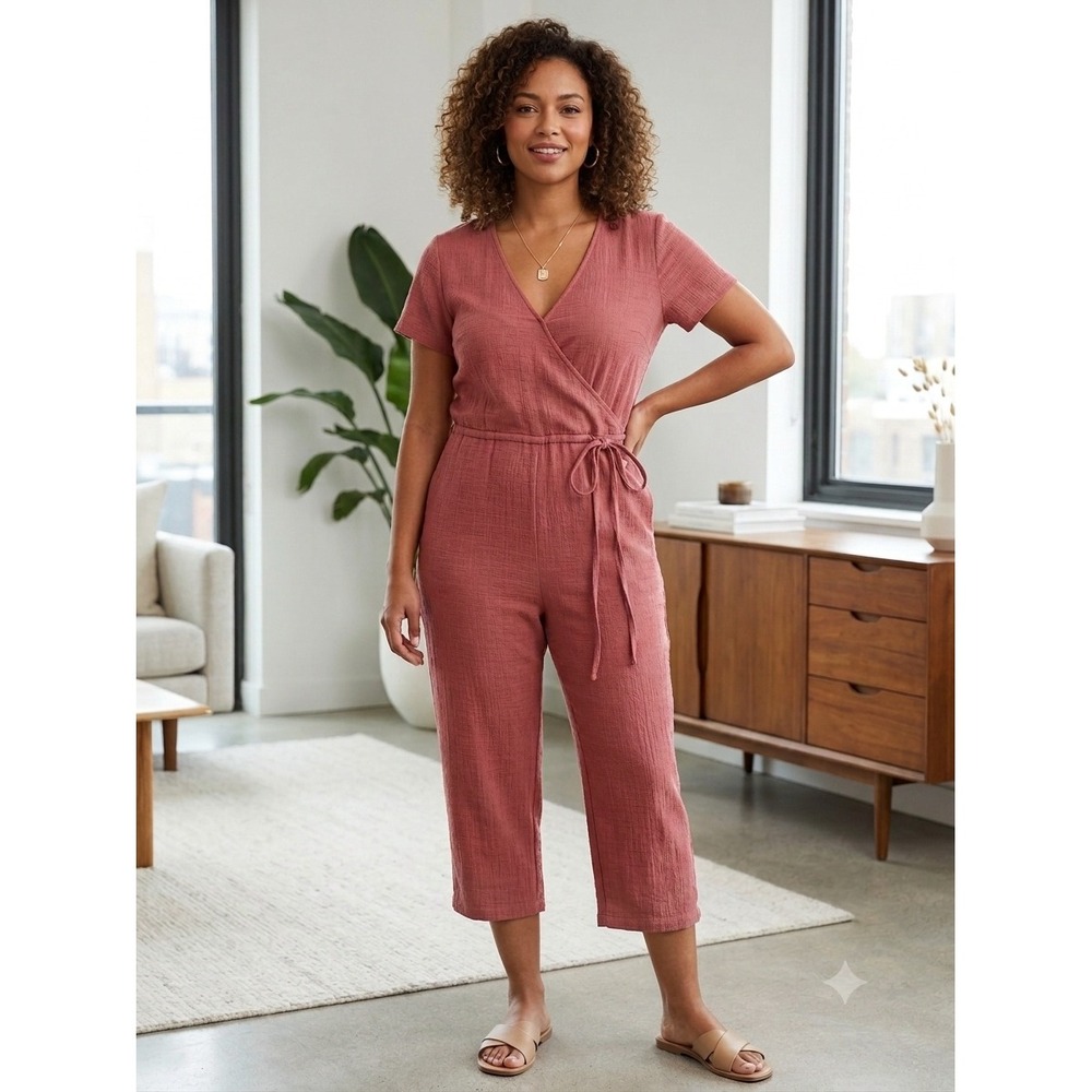 Madewell Texture & Thread‎ Wrap Jumpsuit Pink Short Sleeve Crop Wide Leg Medium